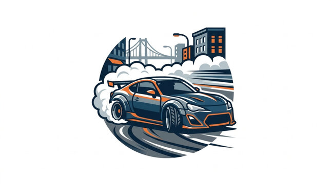 Sports Car Drifting Through City Streets with Smoke.