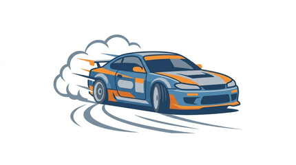 Sports car drifting with smoke and tire marks on white background. © Dodi