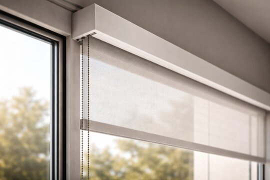 Solar screen fabric roller blinds enclosed in square cassette installed on window close up