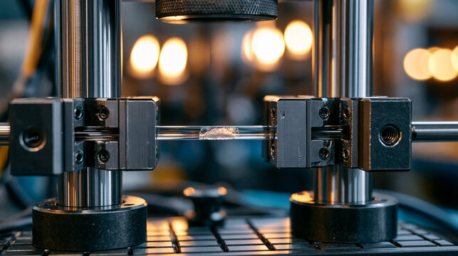 Materials science polymer tensile test in action, transparent specimen stretching to failure point in grips, stress whitening zone visible at center, candlelit warm ambient glow contrasting clinical