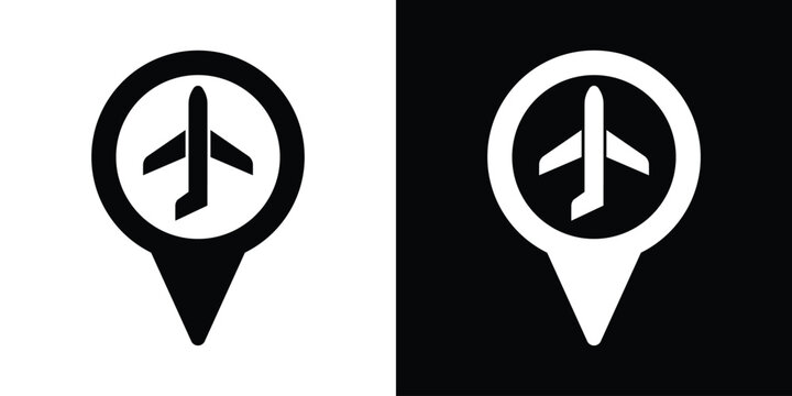 Airport location pointer icon set. Top view airplane map pin symbols in black and white vector format for flight tracking and tourism app designs.
