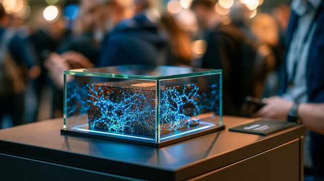 Nanotechnology conference display, illuminated glass case containing carbon nanotube mesh sample the size of a postage stamp, visitors' blurred reflections surrounding case in crowded public hall, i