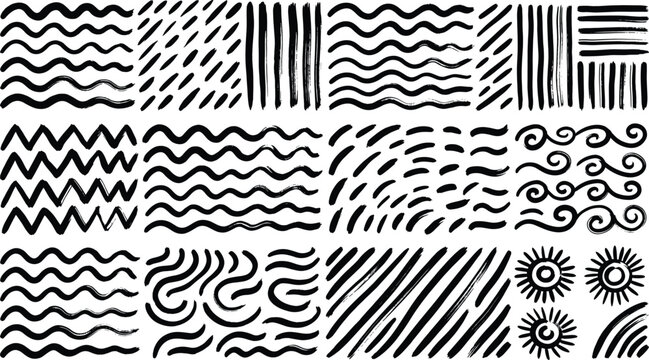 Hand drawn vector doodle collection featuring ink brush strokes, wavy lines, zig zag patterns, abstract dots, swirls, and sun icons for creative background design elements.