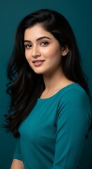 Naklejka premium Young woman with a gentle smile and dark flowing hair, looking towards the viewer with a serene expression.