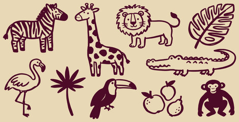 Fototapeta premium Hand drawn vector illustration of different tropical animals and plants.