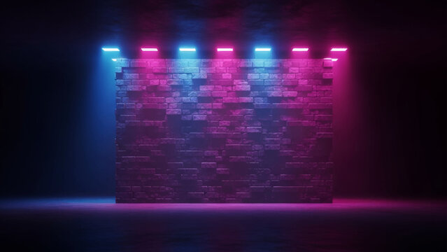 Rectangular brick wall illuminated by alternating blue and pink neon spotlights in a dark room with a smooth floor surface and textured stone surface