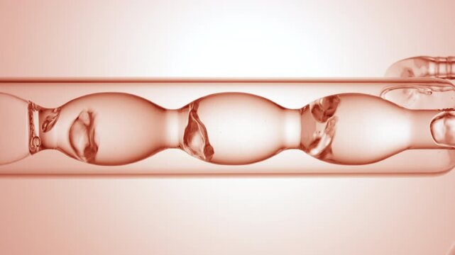 Big vertical frame close on air bubbles rising irregularly through glossy clear fluid while it drains from a bulb laboratory condenser over a beige curved ramp background