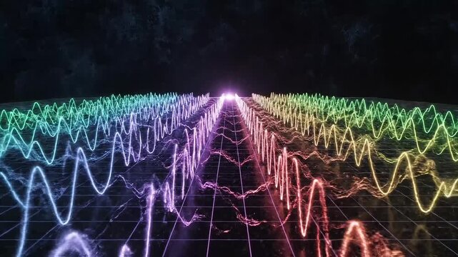 Glowing neon sound waves pulsating across a futuristic dark digital grid environment move forward in sync with a rhythmic beat creating a mesmerizing visual experience for modern high tech projects
