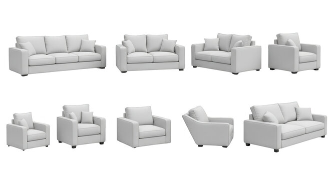 various white sofas and armchairs in different angles on a white background interior design inspiration and catalogues