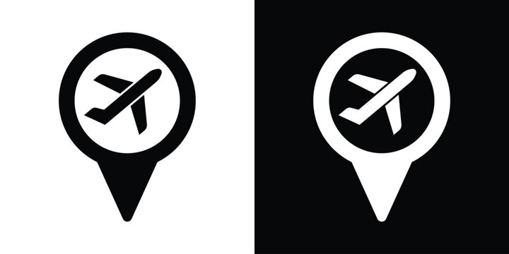 Airplane destination map pin icon set. Angled flight pointer symbols in black and white vector format for travel agencies and vacation tracking apps.