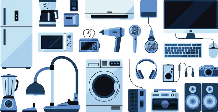 Modern Home Appliances and Flat Consumer Electronics Vector Icon Set with Refrigerator, Washing Machine, Computer, Television, and Kitchen Tools for E-Commerce Shopping Designs