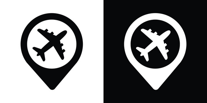 Airplane destination map pin icon set. Angled flight pointer symbols in black and white vector format for travel agencies and vacation tracking apps.