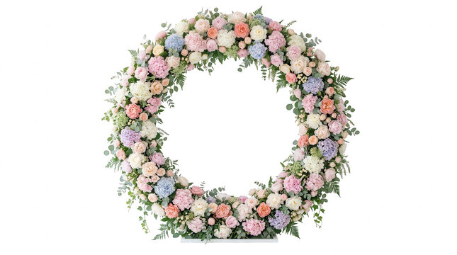 Circular wedding floral arch with pastel blossom, green leaf, and elegant decorative arrangement on isolated background