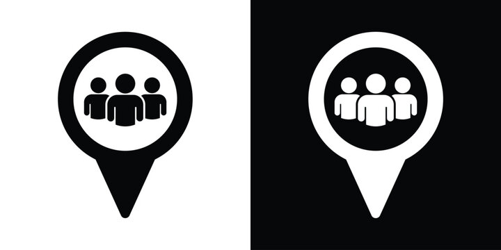 People location pointer icon set. Group of users, community, or meeting point map pin symbols in black and white vector format for networking apps.