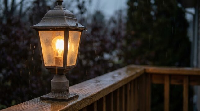 Illuminated vintage porch lamp glowing warmly on a rainy night over a wooden deck railing