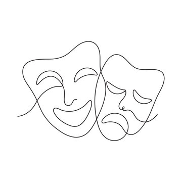 Theatrical mask: masks from comedies and tragedies, symbolizing drama and theatrical education. Drawing with one continuous line on a white background. Editable line.