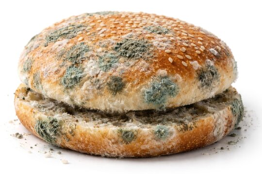 Freshly spoiled burger bread with visible mold on a white backdrop