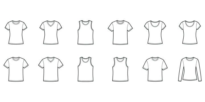 Technical fashion illustration of women's basic t shirts and tank tops