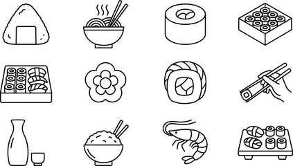 Japanese Cuisine and Sushi Line Icon Set Featuring Onigiri, Ramen Noodle Bowl, Maki Roll, Bento Box, Chopsticks, Sake, Rice, and Shrimp Vector Graphic © Alexy!