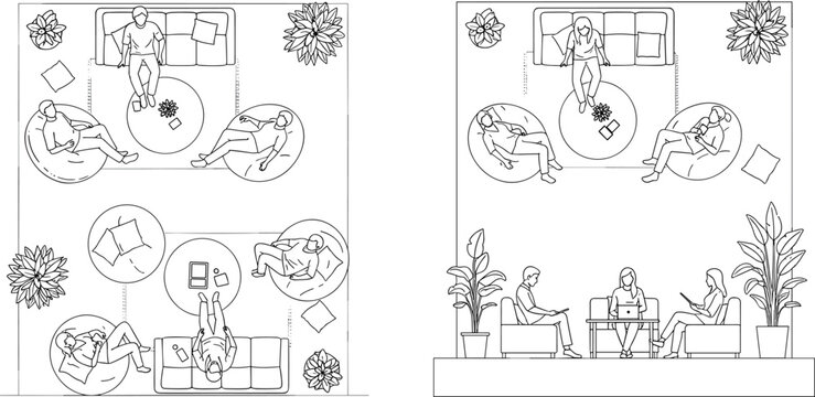 Architectural Floor Plan and Front Elevation Vector Set featuring Hand Drawn People Sitting on Sofas and Beanbags in Modern Office Lounge Design