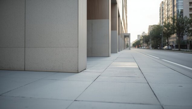 Building corner overlooking a clean concrete pedestrian road