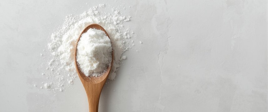 Baking soda powder heaped on a polished wooden spoon with visible grain against a clean white textured background