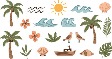Obraz premium Boho Summer Beach Vector Clip Art featuring Minimalist Palm Trees, Ocean Waves, Sun, Fishing Boat, Seagulls, and Tropical Botanical Leaves