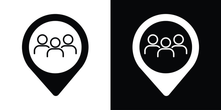 People location pointer icon set. Group of users, community, or meeting point map pin symbols in black and white vector format for networking apps.