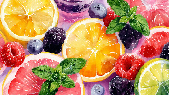 Watercolor illustration of juice ingredients in full frame composition, dense overlapping citrus fruits, berries and mint leaves with bright refreshing tones.