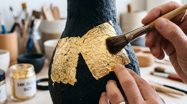 Gold Leaf Gilding: Close-up of a delicate sheet of raw 24k gold leaf being applied to a textured black ceramic vase, showing fine, organic crinkling.
