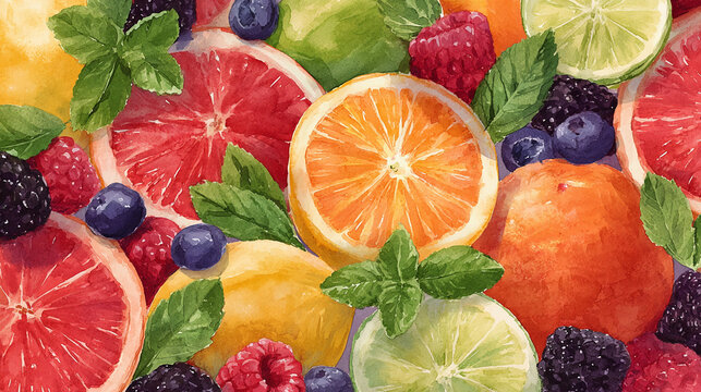 Watercolor illustration of juice ingredients in full frame composition, dense overlapping citrus fruits, berries and mint leaves with bright refreshing tones.