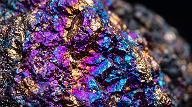 Peacock Ore Texture: Extreme macro of raw bornite (peacock ore), showing highly-saturated metallic purple, blue, and gold mineral textures.