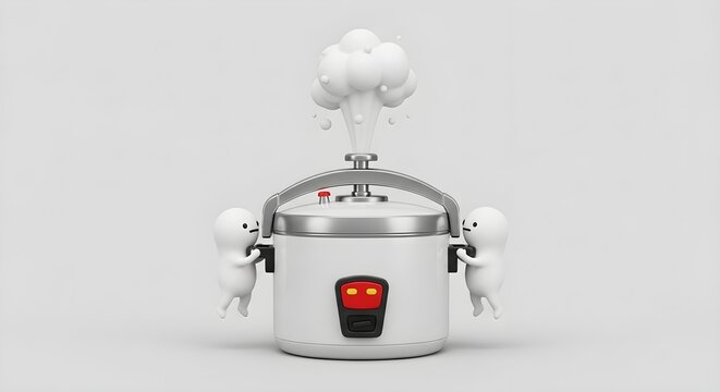 Tiny figures holding onto a steaming kitchen appliance