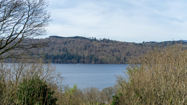 A forest landscape on a mountainside near a lake. Lakes in a mountainous area near a wooded hill, Lake district