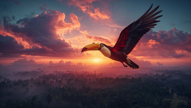 A fantasy-inspired toco toucan flying above a misty Amazon canopy ai