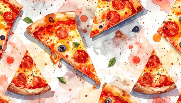 Watercolor-style pizza slices arranged diagonally on a textured background with scattered ingredients and splashes