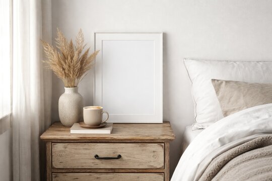 Scandinavian style bedroom with white framed mockup on aged nightstand alongside latte and dried grass in vase