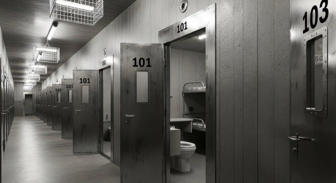 Gritty prison corridor with open cell doors revealing stark interiors, creating a sense of confinement and isolation.