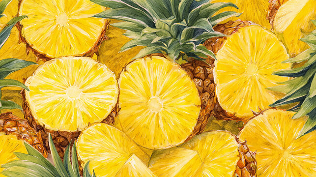 Watercolor illustration of pineapples in full frame composition, dense overlapping pineapple slices and chunks with bright yellow tropical juicy texture.