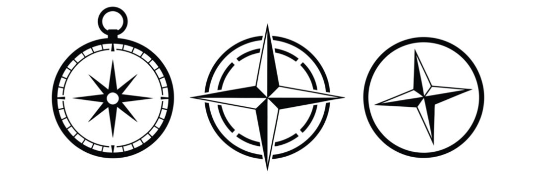 Compass Symbol Icons Featuring Minimal Wind Rose Navigation Elements for Travel and Direction Design