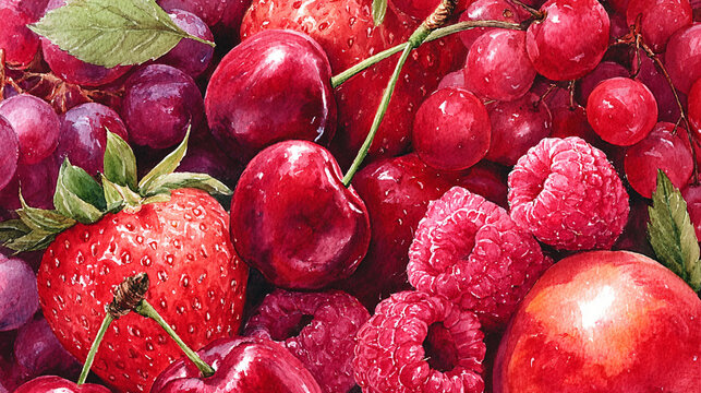 Watercolor illustration of romantic fruit mix in full frame composition, dense overlapping strawberries, cherries and raspberries with rich red romantic tones.
