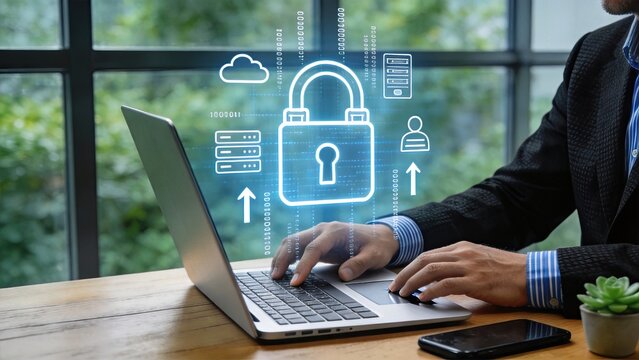 Business professional working on laptop with large glowing padlock hologram and binary code. Representing cybersecurity, data protection, encryption, privacy, secure server