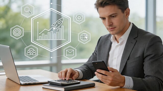 Corporate executive calculating startup metrics, using laptop and calculator in modern office, business launch strategy, rocket graph icon, global market expansion, data analysis,