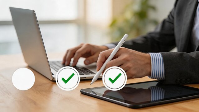 Professional businessman working on laptop and tablet with stylus, multitasking in modern office environment, checking tasks with digital checklist icons, business technology
