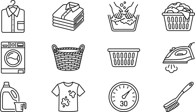 Laundry and Garment Care Line Icon Set Featuring Washing Machine Basket Detergent Bottle Steam Iron Dirty Shirt Clothes Hanger and Cleaning Brush Vectors