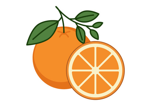 Naranja fresca entera con rama y hojas junto a una mitad cortada
