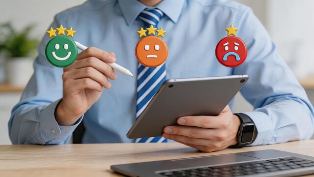 Customer Satisfaction Survey and Feedback Rating, Businessman Using Tablet to Select Star Review Emojis Representing Positive and Negative User Experience Evaluation