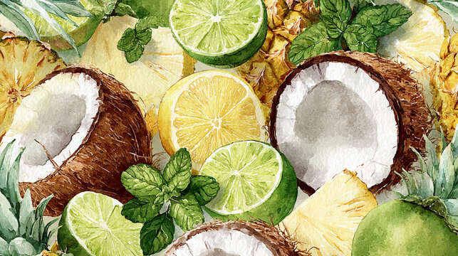 Watercolor illustration of tropical drink ingredients in full frame composition, dense overlapping coconut, pineapple, lime and mint with vibrant refreshing summer tones.