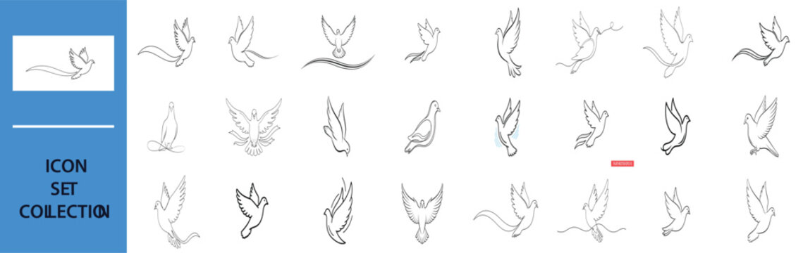 Collection of twenty minimalist bird line drawings in various stances and orientations displayed on a clean white background with a subtle grid.