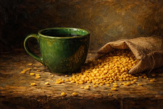 classic oil canvas with green cup and a spread of yellow split peas